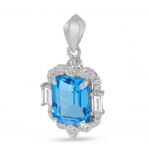 14K White Gold Emerald-Cut Blue Topaz & Diamond Halo Pendant