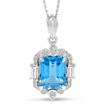 14K White Gold Emerald-Cut Blue Topaz & Diamond Halo Pendant