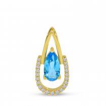 14K Yellow Gold Pear Blue Topaz & Half Diamond Halo Pendant