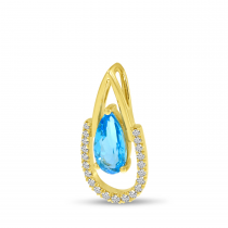 14K Yellow Gold Pear Blue Topaz & Half Diamond Halo Pendant