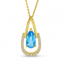 14K Yellow Gold Pear Blue Topaz & Half Diamond Halo Pendant