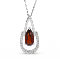 14K White Gold Pear Garnet & Half Diamond Halo Pendant