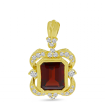 14K Yellow Gold Emerald-Cut Garnet & Diamond Millgrain Pendant