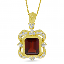 14K Yellow Gold Emerald-Cut Garnet & Diamond Millgrain Pendant