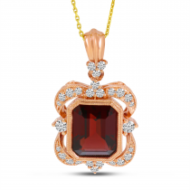 14K Rose Gold Emerald-Cut Garnet & Diamond Millgrain Pendant