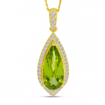 14K Yellow Gold Pear Peridot & Diamond Halo Pendant