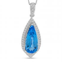 14K White Gold Pear Blue Topaz & Diamond Halo Pendant