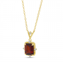 14K Yellow Gold Emerald-Cut Garnet & Diamond Beaded Halo Necklace