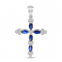 14K White Gold Marquis Sapphire & Diamond Cross Pendant