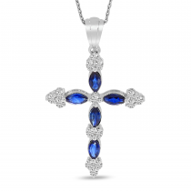 14K White Gold Marquis Sapphire & Diamond Cross Pendant