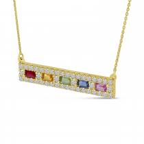 14K Yellow Gold Rainbow Sapphire & Diamond Bar Necklace