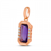 14K Rose Gold Octagon Amethyst and Diamond Millgrain Pendant