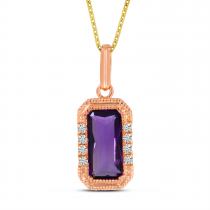 14K Rose Gold Octagon Amethyst and Diamond Millgrain Pendant