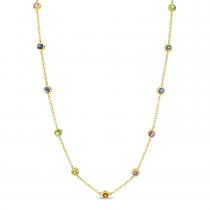 14K Yellow Gold Bezel Set Rainbow Sapphires Necklace