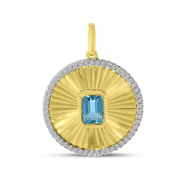 14K Yellow Gold Octagon Blue Topaz and Diamond Fluted Disc Pendant