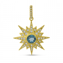 14K Yellow Gold Starburst Blue Topaz and Diamond Semi Precious Pendant
