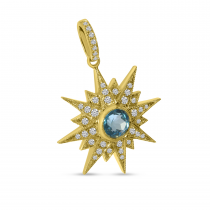 14K Yellow Gold Starburst Blue Topaz and Diamond Semi Precious Pendant