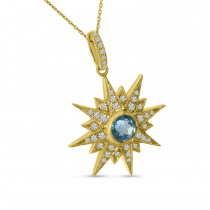 14K Yellow Gold Starburst Blue Topaz and Diamond Semi Precious Pendant