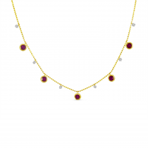 14K Yellow Gold Dashing Diamond  Ruby Bezel Necklace