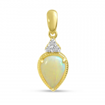 14K Yellow Gold Pear Cut Opal and Diamond Pendant