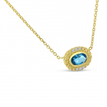 14K Yellow Gold Semi-Precious Oval Blue Topaz and Diamond Halo Necklace