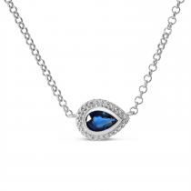 14K White Gold Precious Sapphire Pear and Diamond Halo Necklace