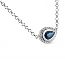 14K White Gold Precious Sapphire Pear and Diamond Halo Necklace