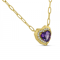 14K Yellow Gold Semi-Precious Amethyst Heart Halo Necklace