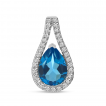 14K White Gold Pear Cut Blue Topaz Diamond Halo Pendant