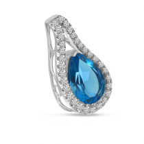 14K White Gold Pear Cut Blue Topaz Diamond Halo Pendant