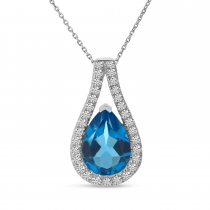 14K White Gold Pear Cut Blue Topaz Diamond Halo Pendant