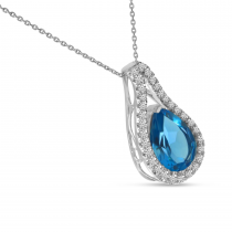 14K White Gold Pear Cut Blue Topaz Diamond Halo Pendant