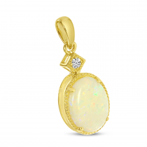 14K Yellow Gold Oval Opal Pendant with Diamond Millgrain