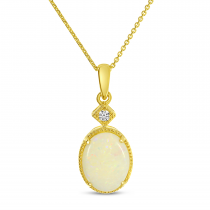 14K Yellow Gold Oval Opal Pendant with Diamond Millgrain