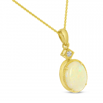 14K Yellow Gold Oval Opal Pendant with Diamond Millgrain