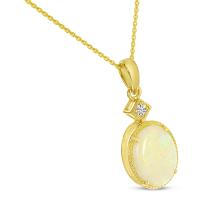 14K Yellow Gold Oval Opal Ring Pendant with Diamond Millgran Details