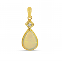 14K Yellow Gold Pear Cut Opal Pendant With Diamond Millgrain