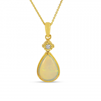 14K Yellow Gold Pear Cut Opal Pendant With Diamond Millgrain
