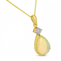 14K Yellow Gold Pear Cut Opal Pendant With Diamond Millgrain