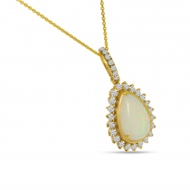 14K Yellow Gold Pear Cut Opal Pendant with Diamond Halo