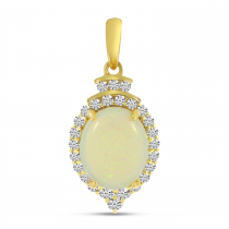 14K Yellow Gold Oval Opal Pendant with Diamond Halo 