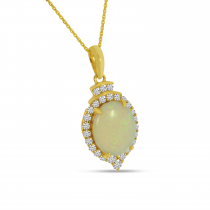 14K Yellow Gold Oval Opal Pendant with Diamond Halo 