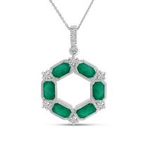 14K Yellow Gold Oval Emerald and Diamond Hexagon Circle Pendant