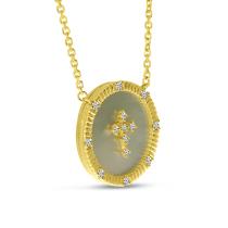 14K Yellow Gold Disc with Mother of Pearl and Diamond Cross Necklace