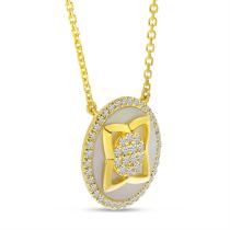 14K Yellow Gold Diamond and Mother of Pearl Geometric Circle Necklace