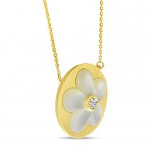 14K Yellow Gold Diamond and Mother of Pearl Floral Necklace