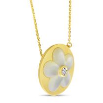 14K Yellow Gold Diamond and Mother of Pearl Floral Necklace