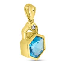 14K Yellow Gold Blue Topaz Hexagon Geometric Pendant