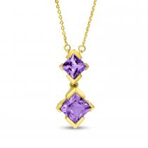 14K Yellow Gold Double Princess Amethyst Drop Necklace