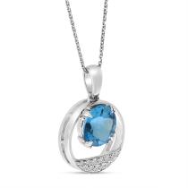 14K White Gold Blue Topaz and Diamond Circle Pendant